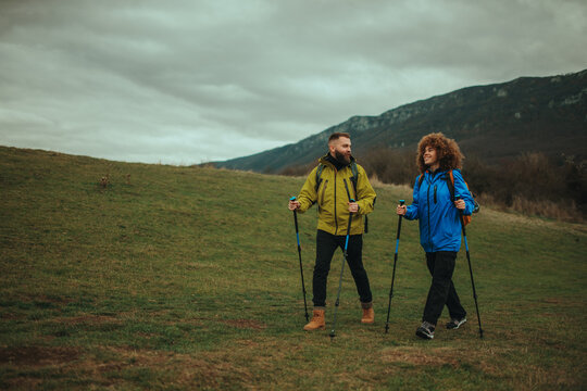 Hikers walking on green meadow with mountain on background