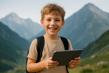 child learning on tablet during travel, Happy boy with tablet in mountain landscape on a sunny day