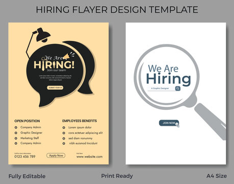 hiring, recruitment, job, employment, advertisement, flyer, template, design, graphic, open position, company admin, marketing staff, graphic designer, benefits, layout, modern, professional, business