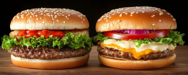 Two Juicy Cheeseburgers Close-up Composition, Food Photography, Delicious Burger Concept, Fast Food, Burger Recipe Fast food, hamburger