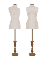 Realistic vector illustration of two female dressmaker mannequins on stands. Tailoring and fashion design forms for garment fitting. Isolated on white background.