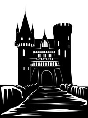 Medieval Castle and Bridge. Vector illustration in black and white colors. For your designs in old medieval architectural style