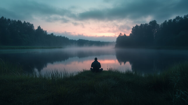 Man meditating on the lake