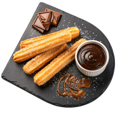 churros con chocolate in a dark stone plate, top view, isolated PNG transparent background