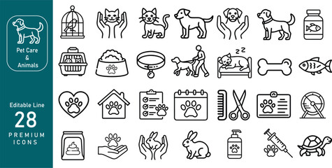 Minimal Monoline Vector Icons of 28 Generic Pet Care and Animal Concepts – Line Art Illustrations of Dog, Cat, Bird, Grooming, Vet, Feeding, Accessories, and Animal Love for Infographics and UI Design