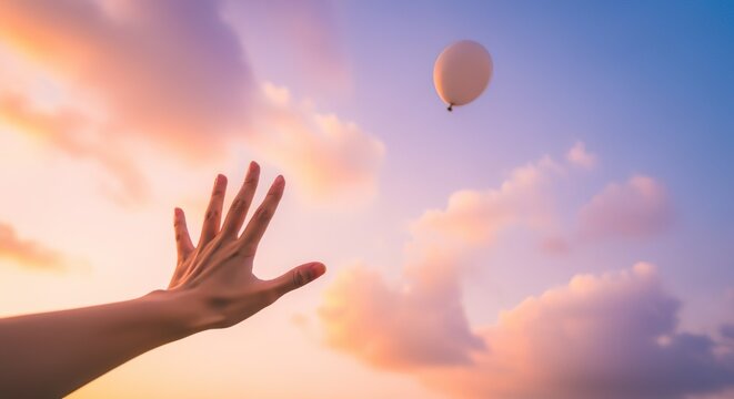 A hand reaching toward a floating balloon in the sky at sunset, symbolizing freedom and letting go. - Powered by Adobe