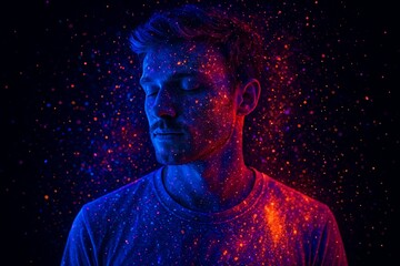 Young man dreaming with neon glowing powder on dark background