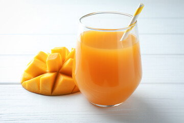 Tasty mango juice in glass and fresh fruit on white wooden table, closeup