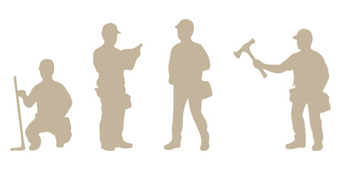 construction worker at work in different poses with tools silhouettes