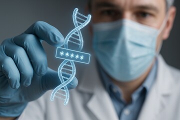 Scientist masked holding DNA data security helix, glowing password, laboratory background