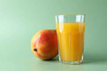 Tasty mango juice in glass and fresh fruit on green background