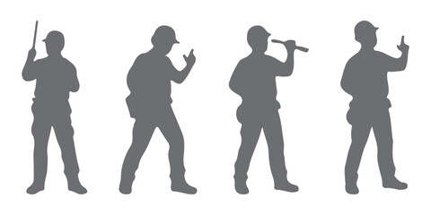 Construction worker poses wearing helmet and vest. Different color options. Worker silhouette set. Hand-drawn vector illustration isolated on white. Full length view
