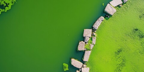 An Aerial View showcasing the Vibrant Green Water interspersed with Stones and Algae