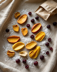 Flat Lay of Sliced Peaches and Berries on Fabric
