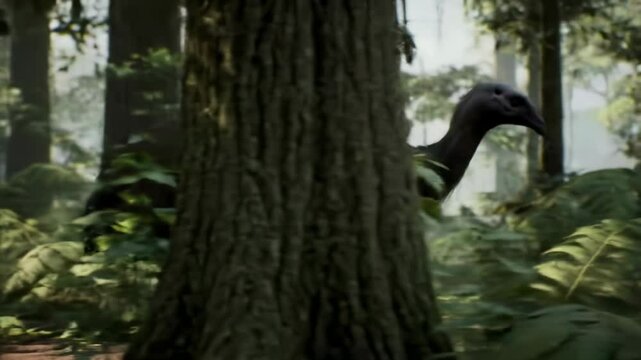 Exploration of a prehistoric jungle with a giant moa bird in its natural habitat