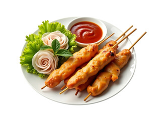 A plate of chicken satay with sauce and garnish, flat lay view, white background,salad,fresh,object