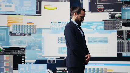 Male entrepreneur leading a visionary business pitch at the convention, inspiring the audience to...