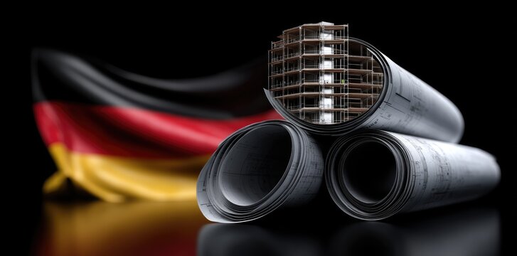 Architecture day in germany: structural blueprint, design layout, building draft, german flag, national tribute, planning scheme, creative vision, architectural drawing, civic pride