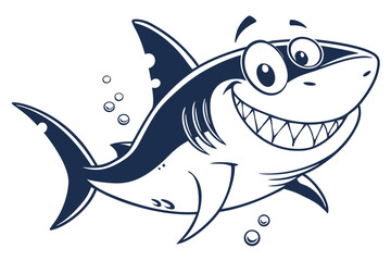 Cartoon navy shark cheerfully shows its sharp teeth as bubbles float around it