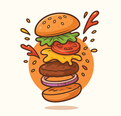 Yummy Burger Stack Cartoon Vector Icon Illustration Food Object Icon Isolated Flat Vector
