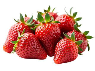 Fresh strawberries with green leaves, close-up view from a 45 degree angle, bright white background,summer,tasty,juicy