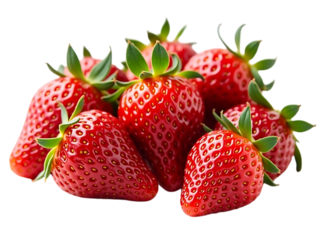 Fresh strawberries with green leaves, close-up view from a 45 degree angle, bright white background,summer,tasty,juicy