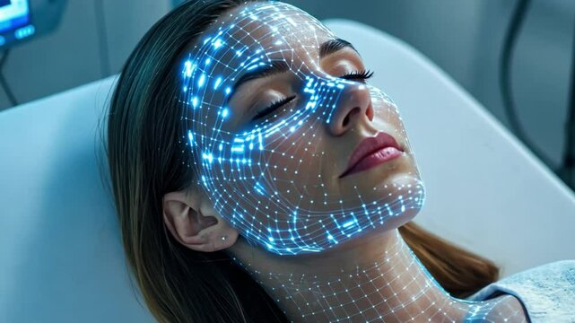 Futuristic Facial Mapping: Woman Undergoing High-Tech Scan
