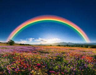 Beautiful Hillscape With Vibrant Rainbow and Colorful Wildflowers Under Moody Skies