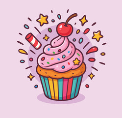 Cupcake with Cherry Cartoon Vector Icon Illustration Sweet Dessert Isolated Flat Design

