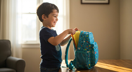Young boy smiling while unpacking colorful backpack at home  