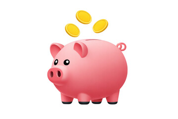 Obraz premium Pink piggy bank with cheerful expression is depicted with three gold coins hovering above it, symbolizing savings and financial growth
