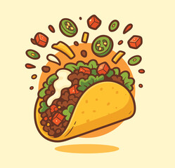 Taco with Filling Cartoon Vector Icon Illustration Spicy Mexican Food Isolated Flat Design
