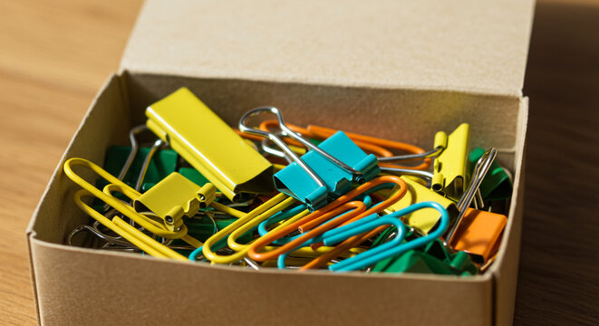 Box of colorful paper clips in a cardboard container  