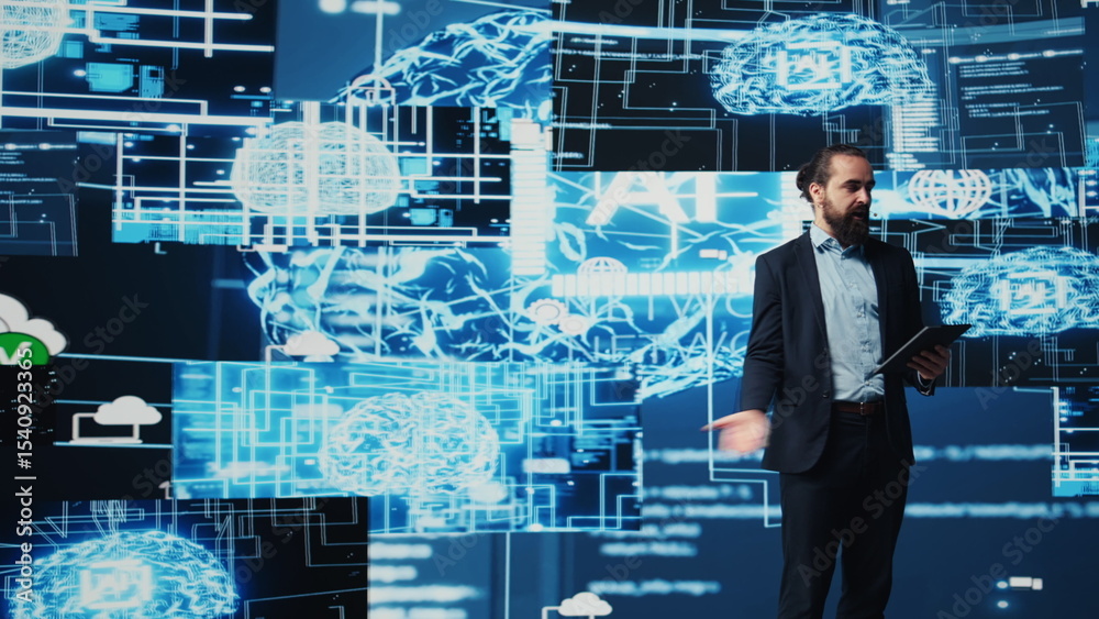 Poster it engineer hosting public speaking event to present new ai tech tools, showcasing neural networks b