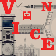 Venice culture travel set, famous architectures and specialties in flat design. Business travel and tourism concept isolated on white background. Image for presentation, banner, website, app, advert