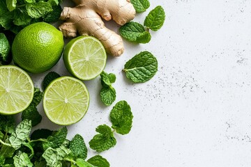 Fresh Lime, Ginger, and Mint Arranged on a Countertop for Flavor Infusion in Culinary Creations
