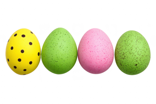 Colorful Easter eggs in row, featuring yellow egg with black polka dots, two green speckled eggs, and pink speckled egg, symbolizing festive decoration