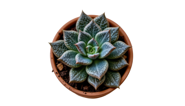 the main subject is a plant in a clay pot, set against a solid backdrop. the plant has fleshy leaves arranged in a rosette pattern, with a subtle pattern of dots on the leaves