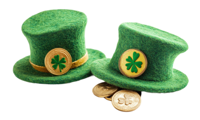 Green felt hats adorned with coins and clovers festive st patrick's day isolated on transparent background.