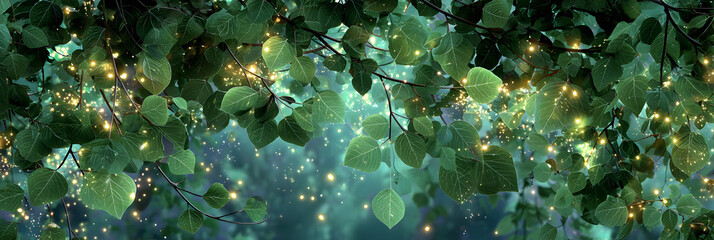 Magical green fairy lights illuminate lush foliage, creating an enchanting, dreamy atmosphere. Perfect for fantasy, nature, or whimsical designs.