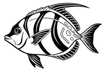 Detailed monochrome line drawing depicts a Moorish Idol fish facing leftward on a white background