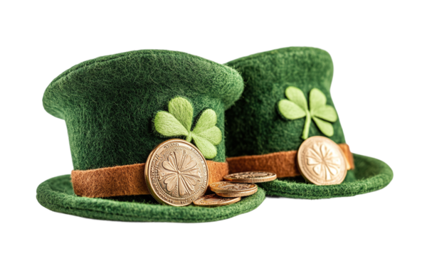 Green felt hats adorned with coins and clovers festive st patrick's day isolated on transparent background.
