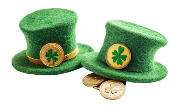 Green felt hats adorned with coins and clovers festive st patrick's day isolated on transparent background.