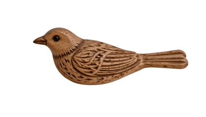 a small, stylized bird figurine is centered against a stark black background. the sculpture appears to be crafted from a tan colored material with a textured surface suggesting carved plumage