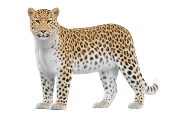 Majestic leopard stands gracefully, showcasing its distinctive spotted coat and powerful build. leopard intense gaze and poised stance reflect its strength and agility in wild