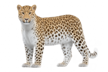 Majestic leopard stands gracefully, showcasing its distinctive spotted coat and powerful build. leopard intense gaze and poised stance reflect its strength and agility in wild