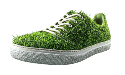 Sneakers with green grass pattern eco friendly footwear isolated on transparent background.