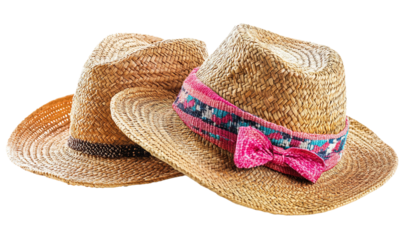 Straw hats with decorative elements summer and casual style isolated on transparent background.