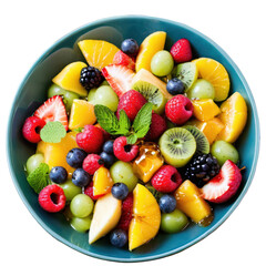 Obraz premium a top down studio shot presents a fruit salad in a blue bowl set against a black backdrop