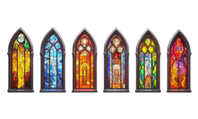 Stunning collection of stained glass windows showcasing religious themes isolated on transparent background.